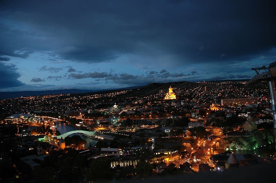 aerial photography of city buildings during night time, tbilisi HD wallpaper