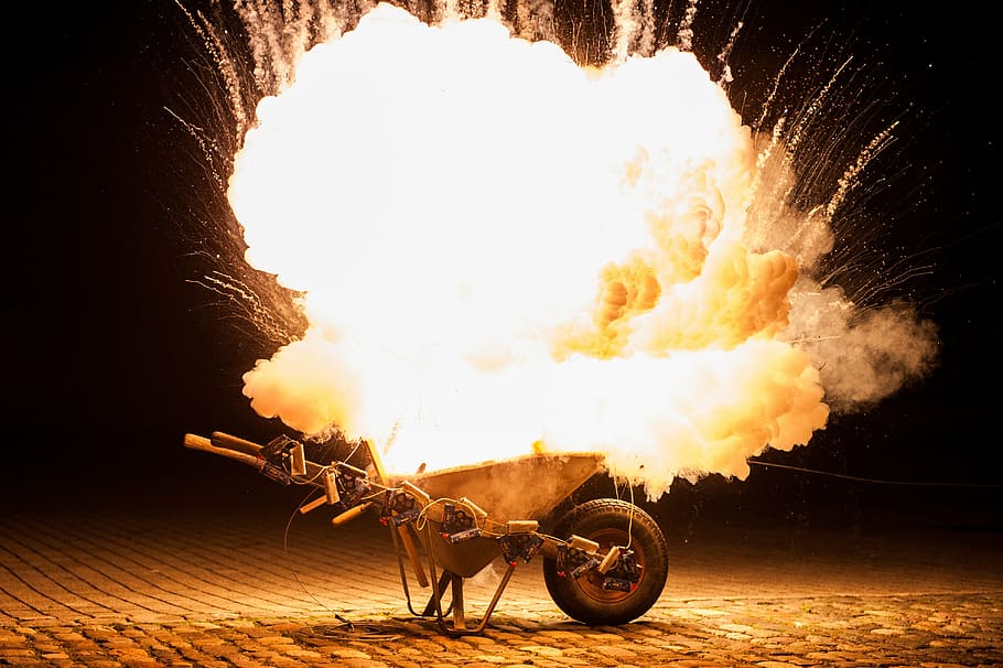 brown wheelbarrow at nighttime, explosion, smoke, fireworks, pyrotechnics, HD wallpaper