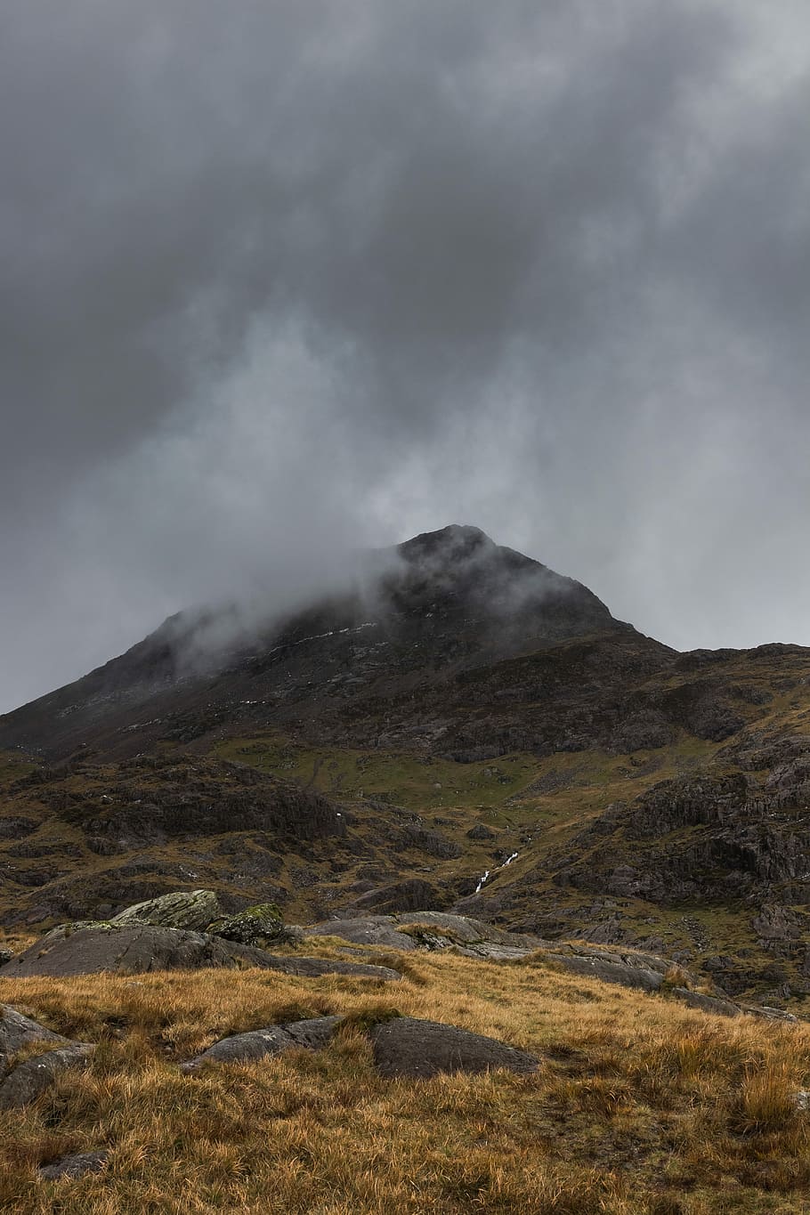 green and brown mountain, rock, cloud, fog, mist, beauty in nature HD wallpaper