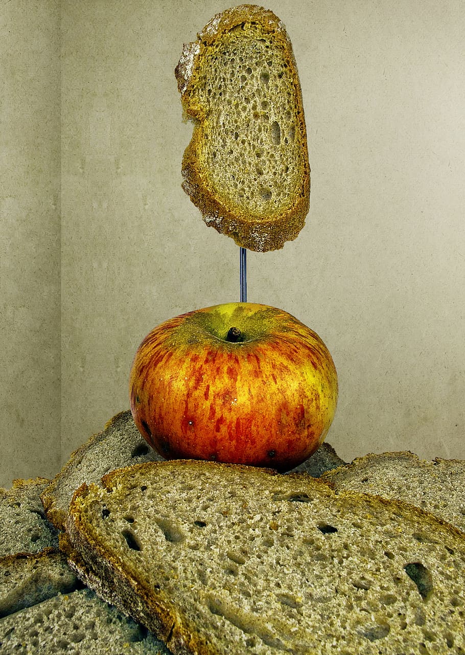 bread, bread slices, apple, breakfast, baked goods, vegetarian HD wallpaper