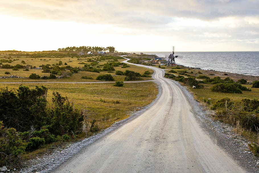 Landscape and road in Öland, Sweden, clouds, photo, public domain, HD wallpaper