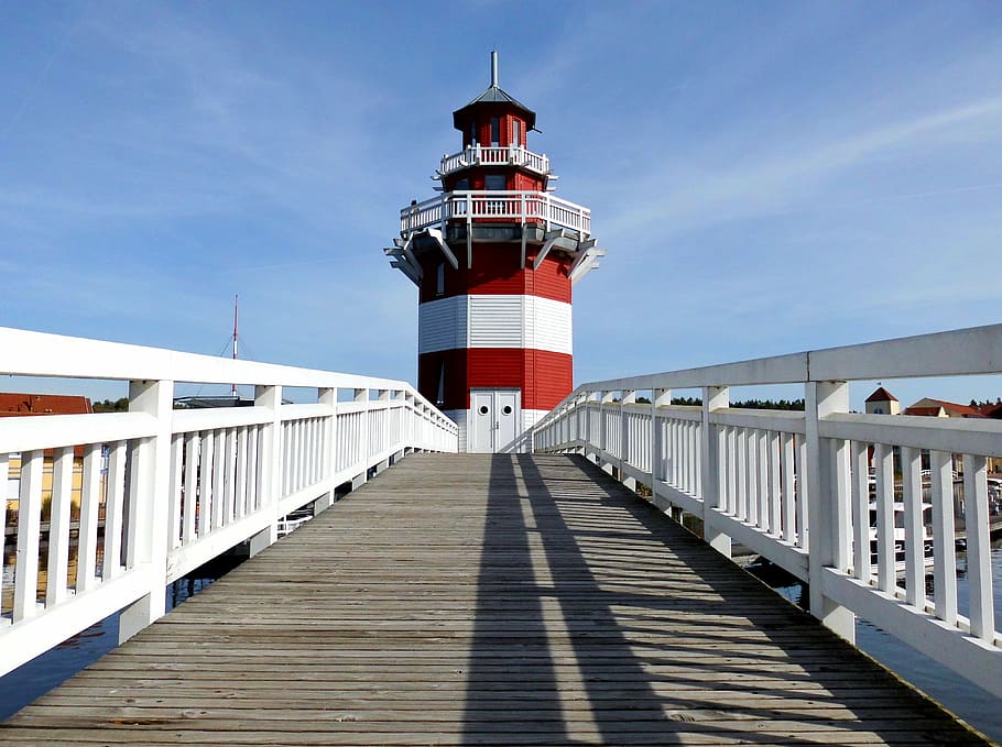 bridge near lighthouse, access, rheinsberg, marina, sea, built structure HD wallpaper