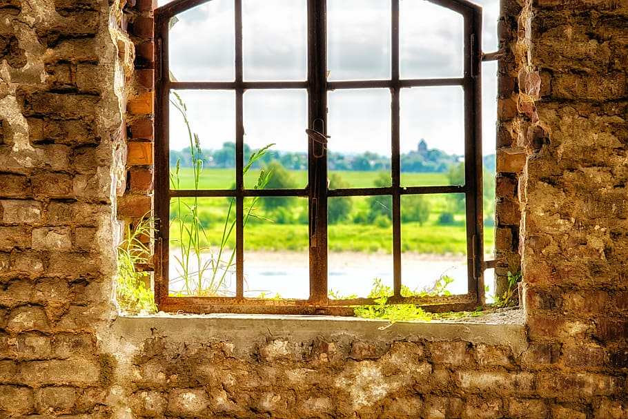 glass window with black steel frame, lost places, wall, view HD wallpaper