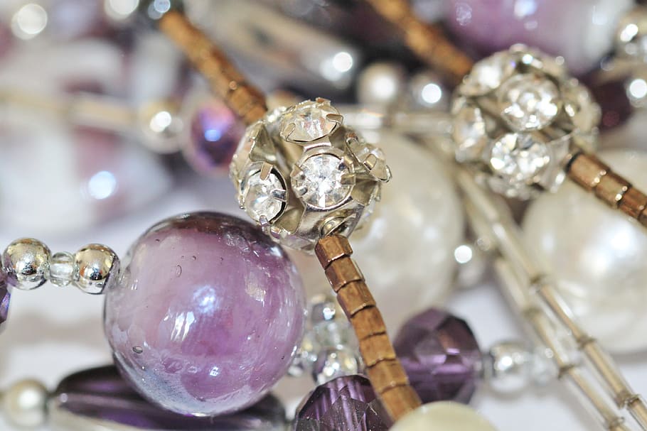 beaded silver-colored, brown, and purple accessory close-up photo, HD wallpaper