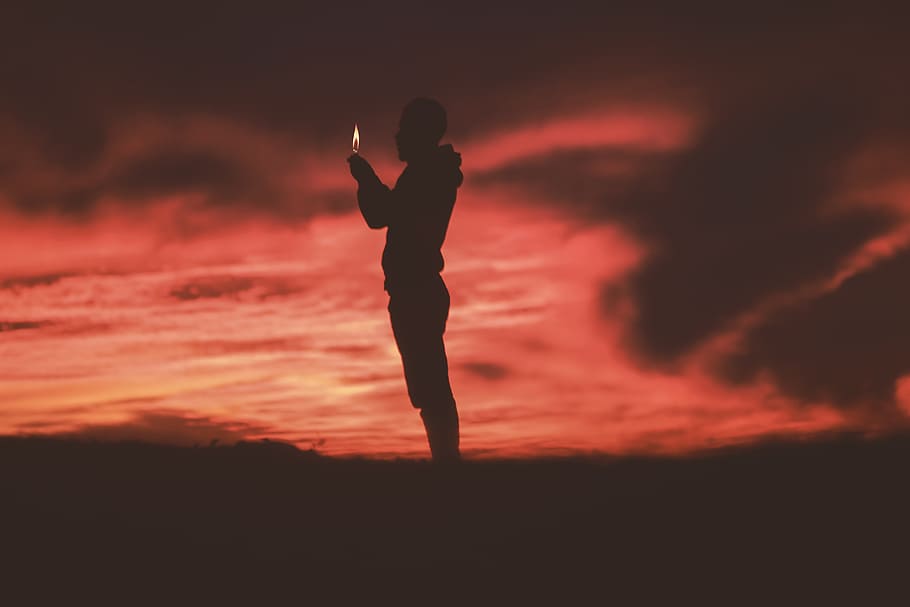 people, man, fire, light, silhouette, travel, adventure, sunset HD wallpaper