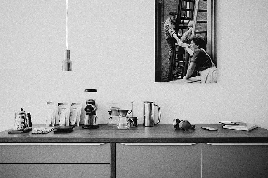 greyscale photo of sideboard under pendant lamp, kitchen, equipment HD wallpaper