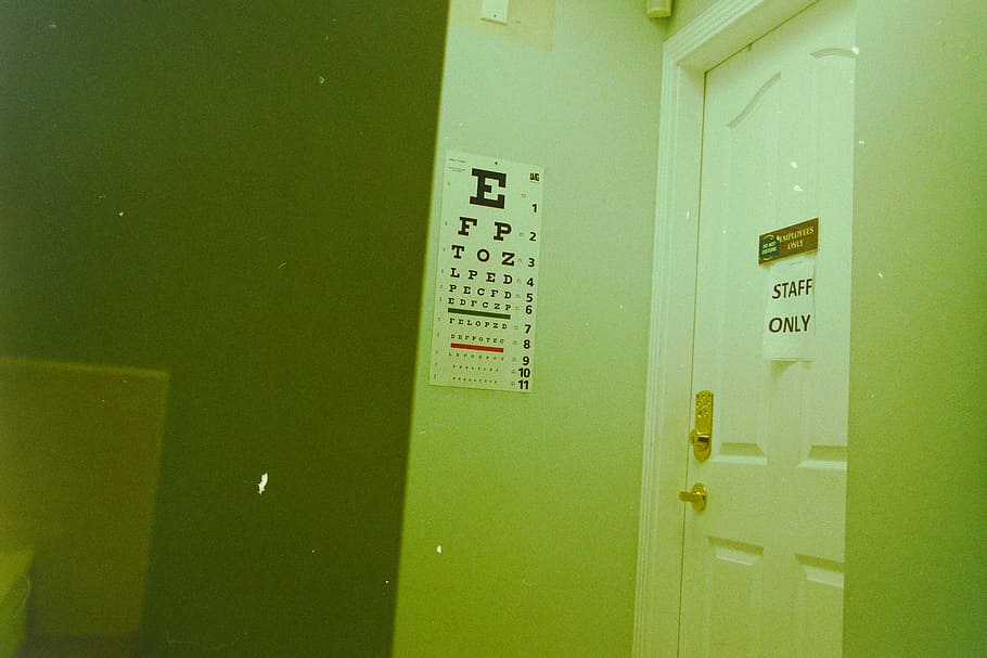 eye test chart on wall in room, eye chart on wall beside close door