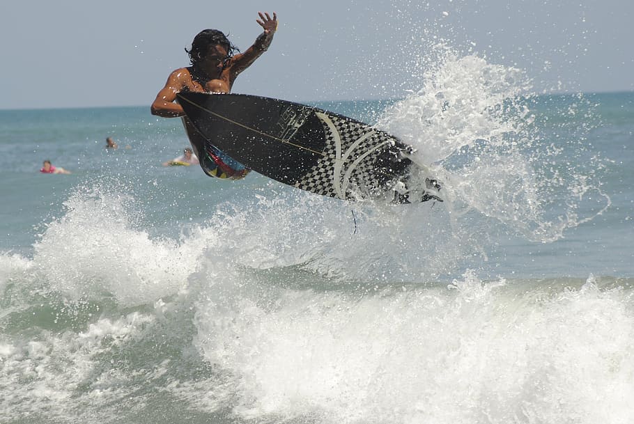surfer, action, wave, water, surfboard, ocean, surfing, beach HD wallpaper
