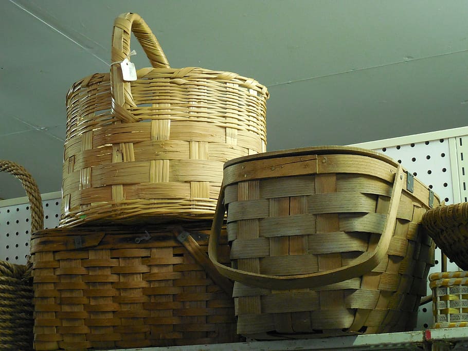 wicker, baskets, natural, design, table, home, brown, vintage HD wallpaper