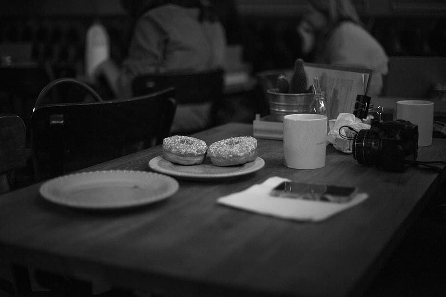 black and white, table, chairs, plate, cup, doughnuts, sweets HD wallpaper