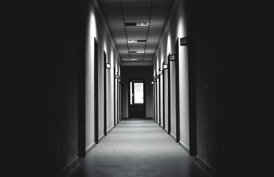 photo of hallway, architecture, building, infrastructure, black HD wallpaper