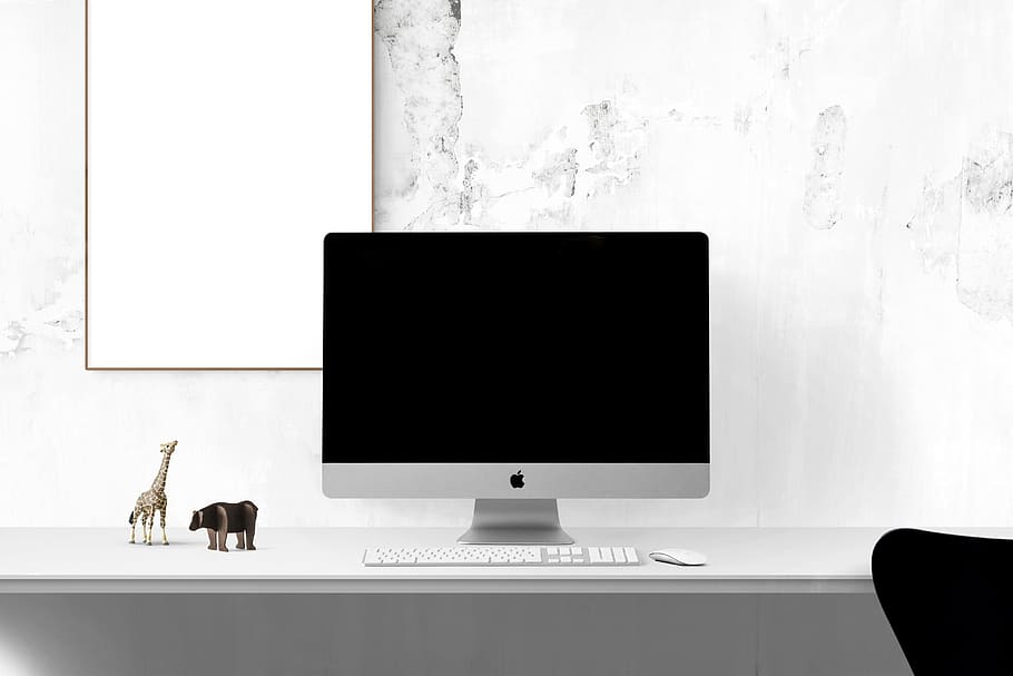 silver iMac on table, poster mockup, frame, template, interior