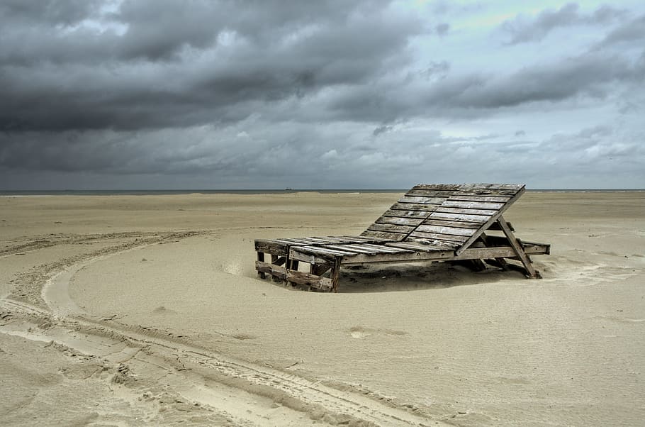 landscape, beach, vacation, sand, chairs, clouds, holidays, seaside HD wallpaper