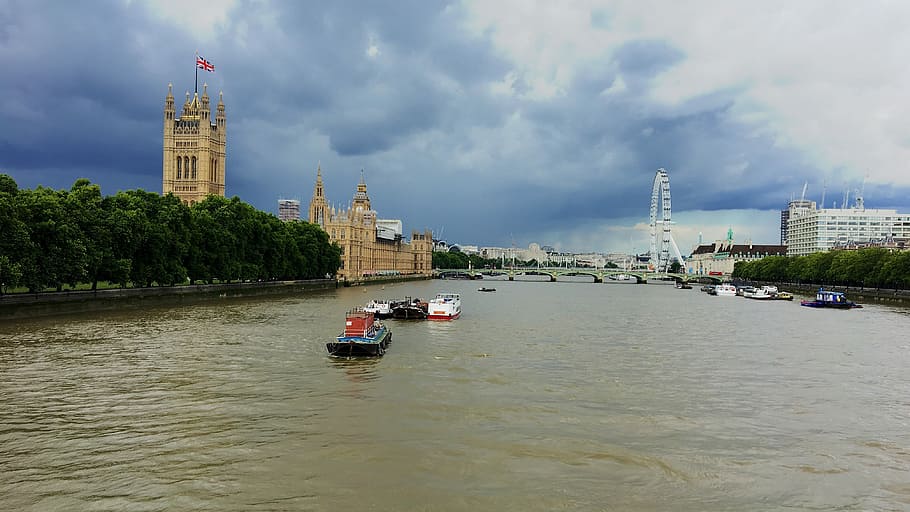 Westminster and London Eye, boats sailing on body of water, river HD wallpaper