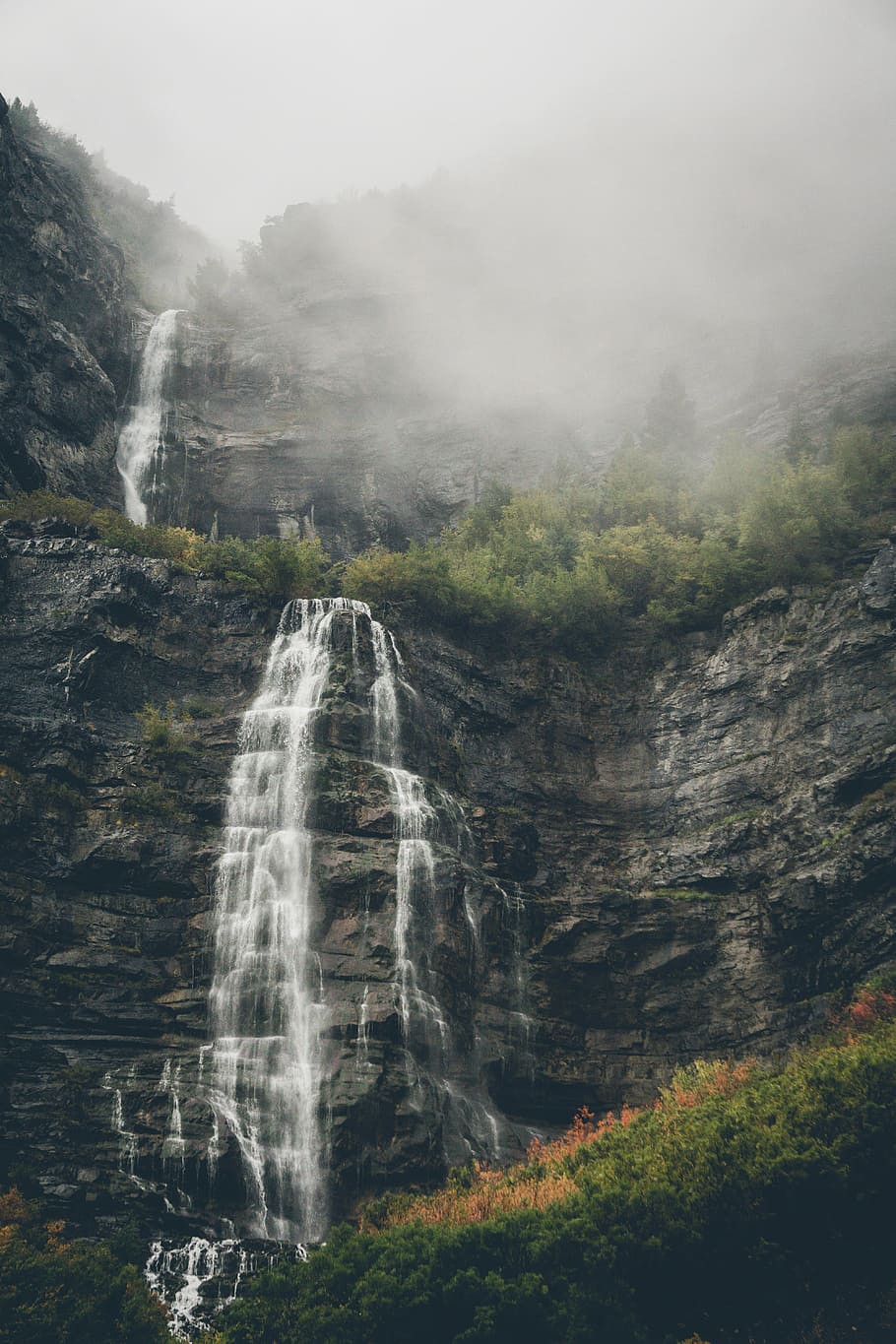 waterfalls surrounded by trees during daytime, falls with fog and grass HD wallpaper