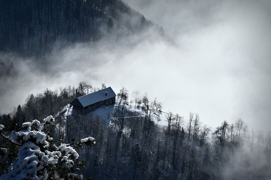 aerial photo of brown and white house covered with snow, aerial view photography of white castle on fog HD wallpaper