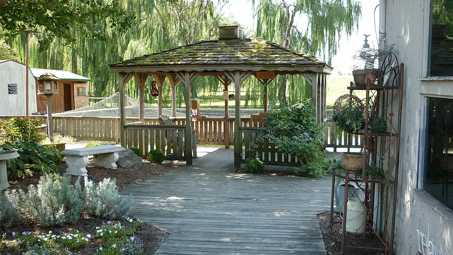 gazebo surrounded by trees, deck, shade, patio, relaxation HD wallpaper