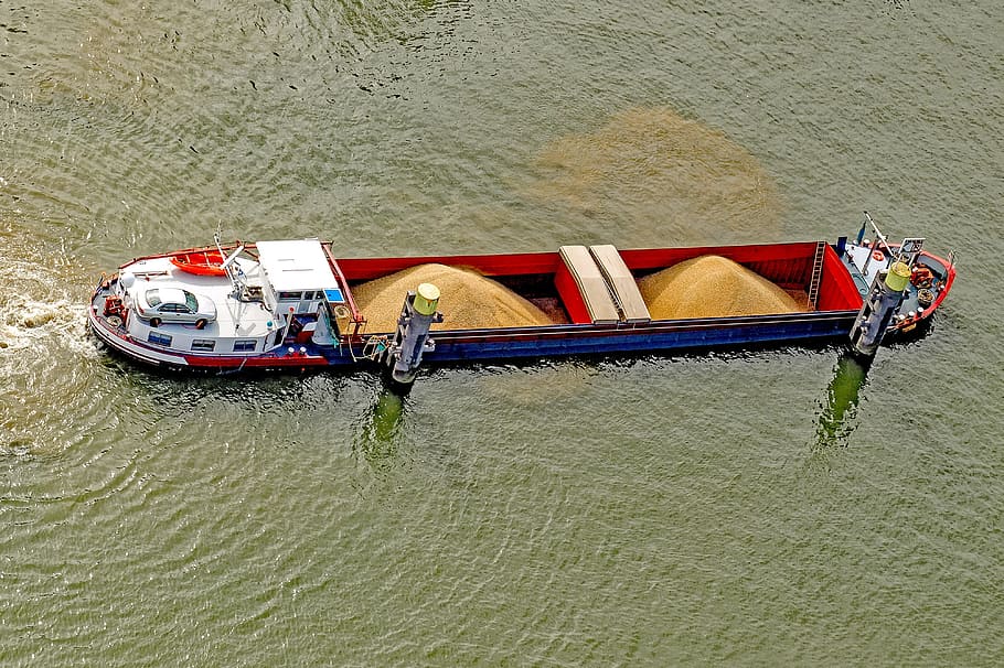 boat, barge, ship, transportation, aerial view, canal, harbour HD wallpaper
