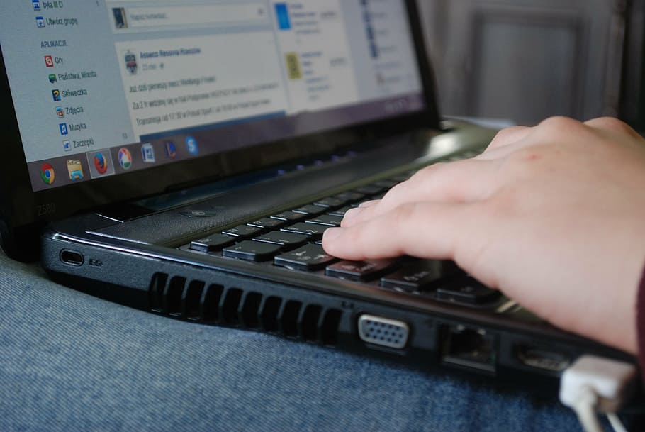 person in front of laptop computer, computers, keyboard, equipment HD wallpaper