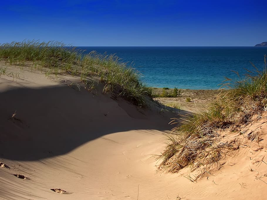 photography of body of water, lake michigan, sand dunes, sky