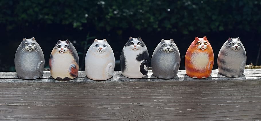 seven assorted-color cat figurines on top of brown wooden surface, HD wallpaper