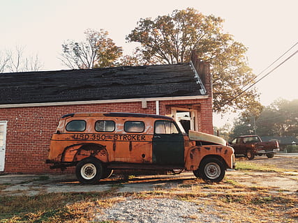orange and black bus, rustic, vehicle, vintage, retro, throwback HD wallpaper