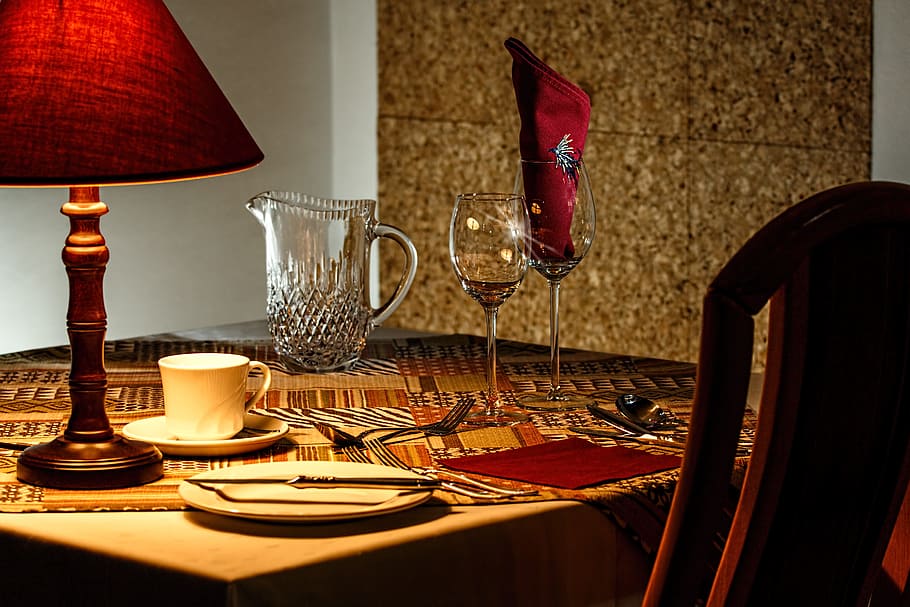 clear wine glass on brown table, dinner table, restaurant, dining HD wallpaper