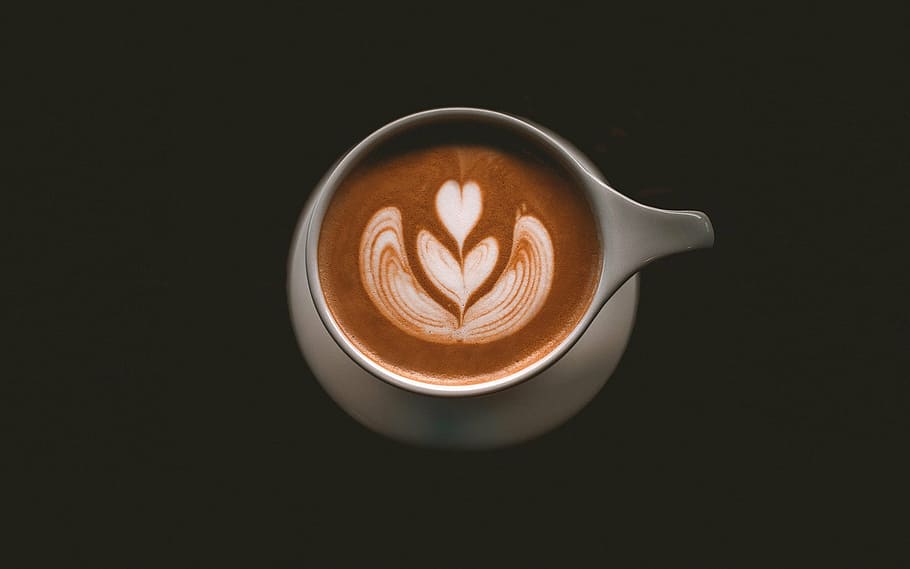 gray ceramic mug, coffee, latte, art, froth, cappuccino, drink, HD wallpaper