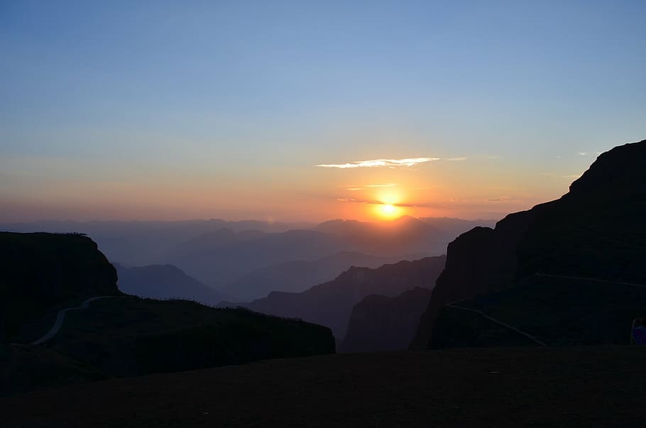 sunset, downhill, twilight, mountain, nature, landscape, scenics HD wallpaper