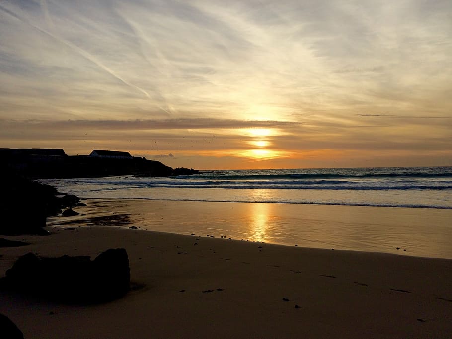 sunset, sea, horizon, beach, shore, peace, walk, summer, clouds HD wallpaper