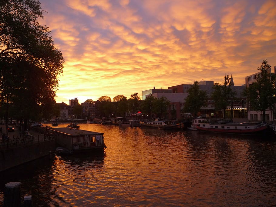 amsterdam, sun, dusk, sunset, city, architecture, river, sky HD wallpaper