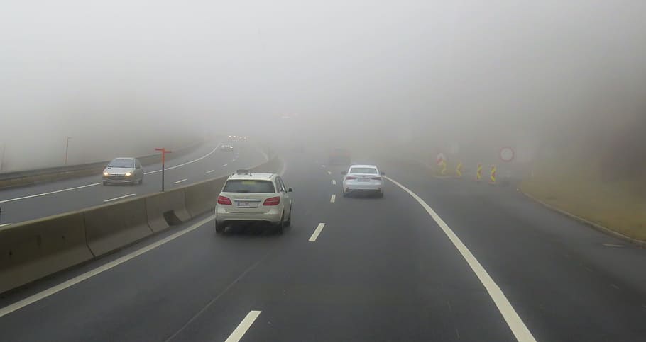 grey and white vehicle speeding on road with fogs, traffic HD wallpaper