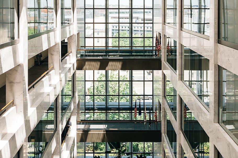 flags inside building, architecture, infrastructure, interior HD wallpaper