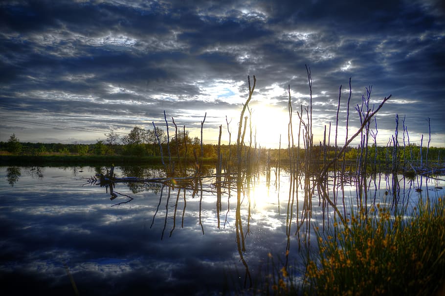 landscape, photography, reflection, mirror, sun, clouds, blue HD wallpaper