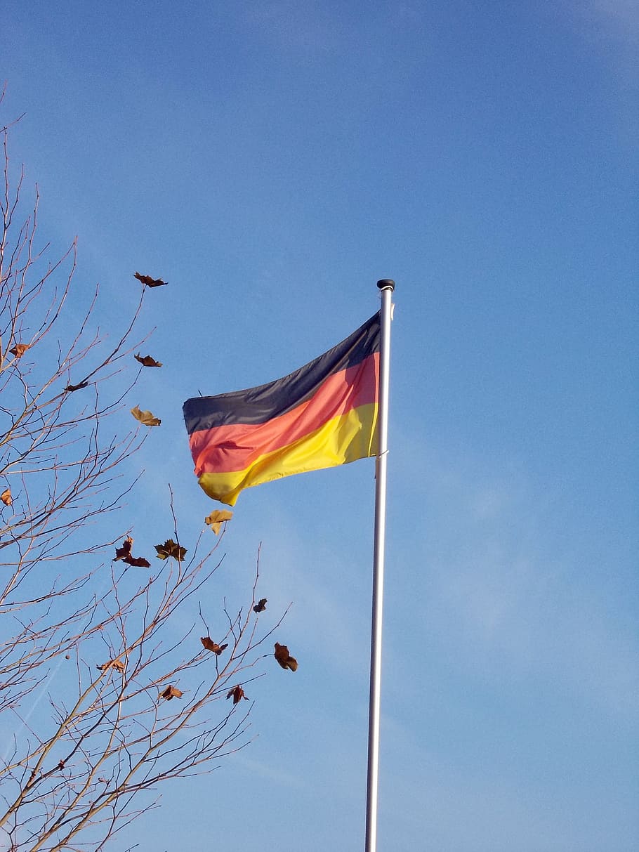 flag, flagpole, germany flag, sky, blue, patriotism, low angle view HD wallpaper