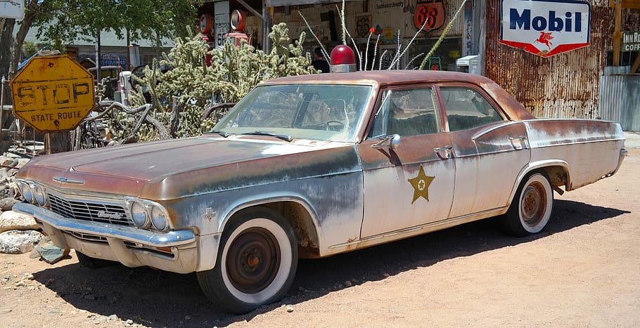 Police, Car, Old, Dust, Route 66, rusty, usa, mobile, police car HD wallpaper