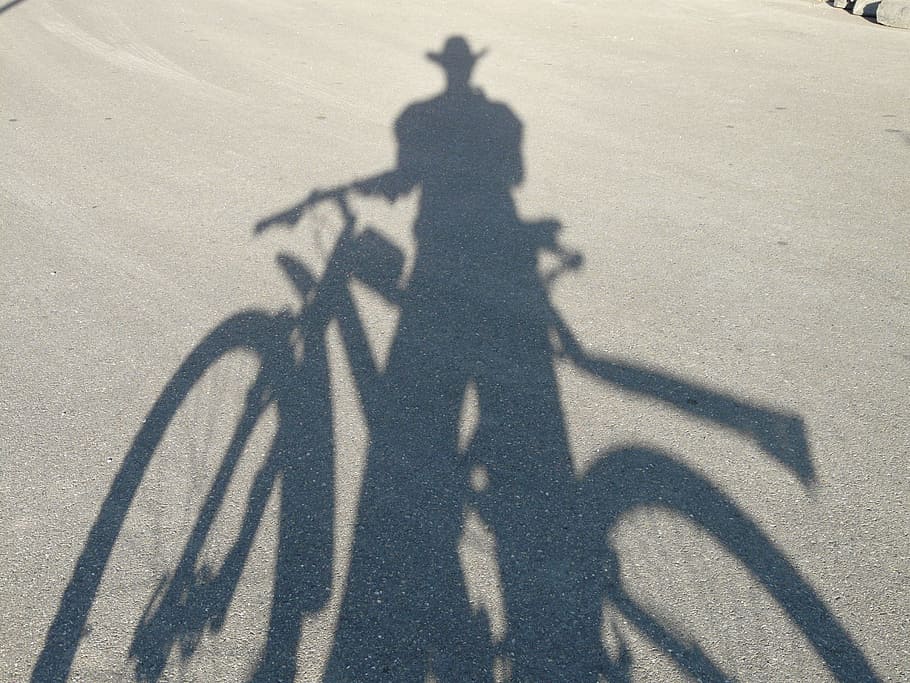 shadow, shadow play, human, person, light, cowboy, bike, bicycle HD wallpaper