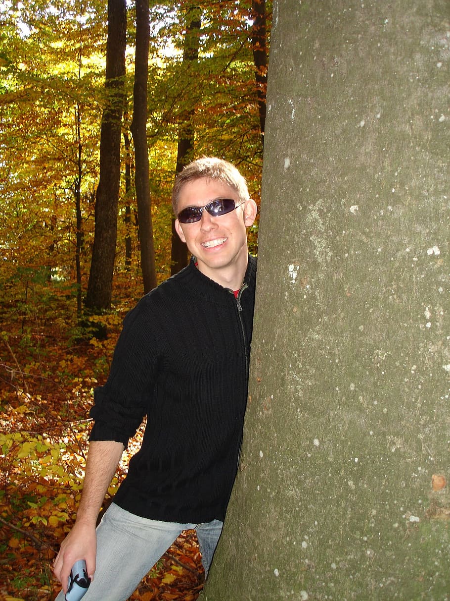 Man, Face, Direct, View, Hidden, sunglasses, tree, forest, autumn HD wallpaper