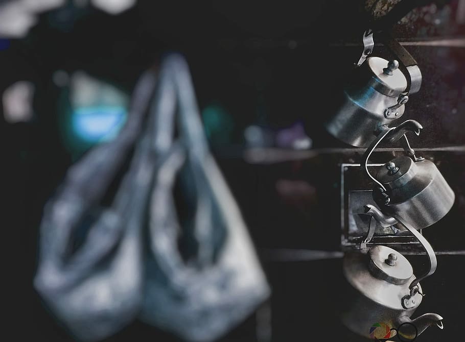 selective focus photography of three gray kettles, stainless steel kettles HD wallpaper
