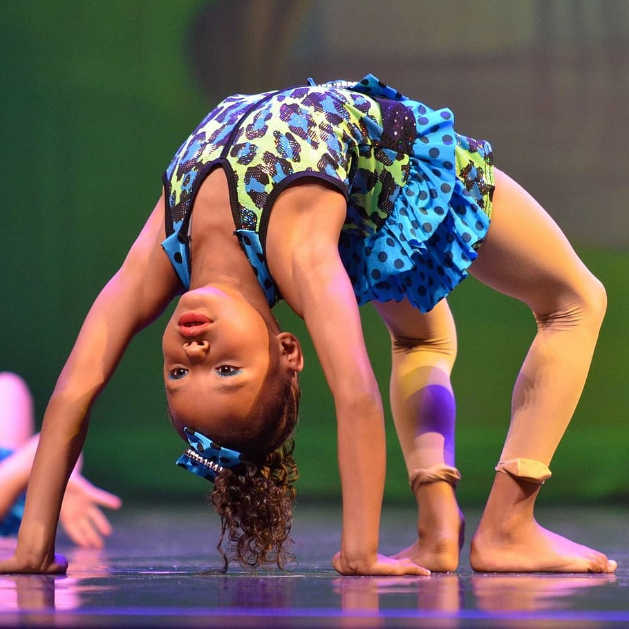 girl doing gymnastics move, backbend, acrobat, flexible, perform