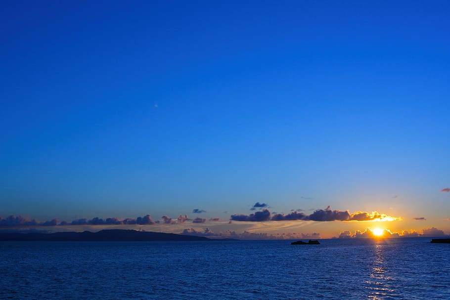 Sunset, Orange, Cloud, Sea, Marine Blue, antomasako, ishigaki island, HD wallpaper