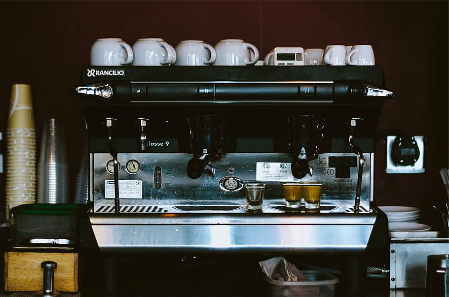gray and black espresso machine, white, ceramic, cups, coffee, HD wallpaper