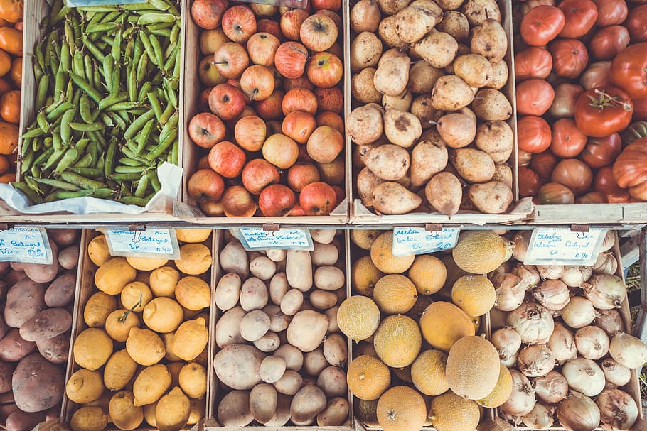 assorted produce on produce stand, bunch of fruits and vegetables on crates HD wallpaper