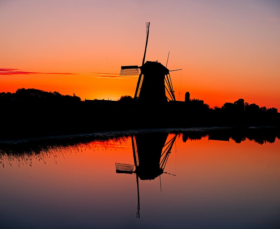 silhouette of water mill, silhouette of windmill, reflection HD wallpaper