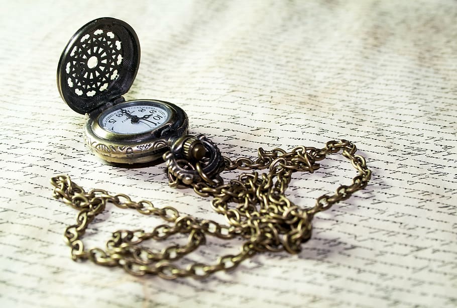 brass pocket watch, clock, time, old, antique, font, letters, HD wallpaper
