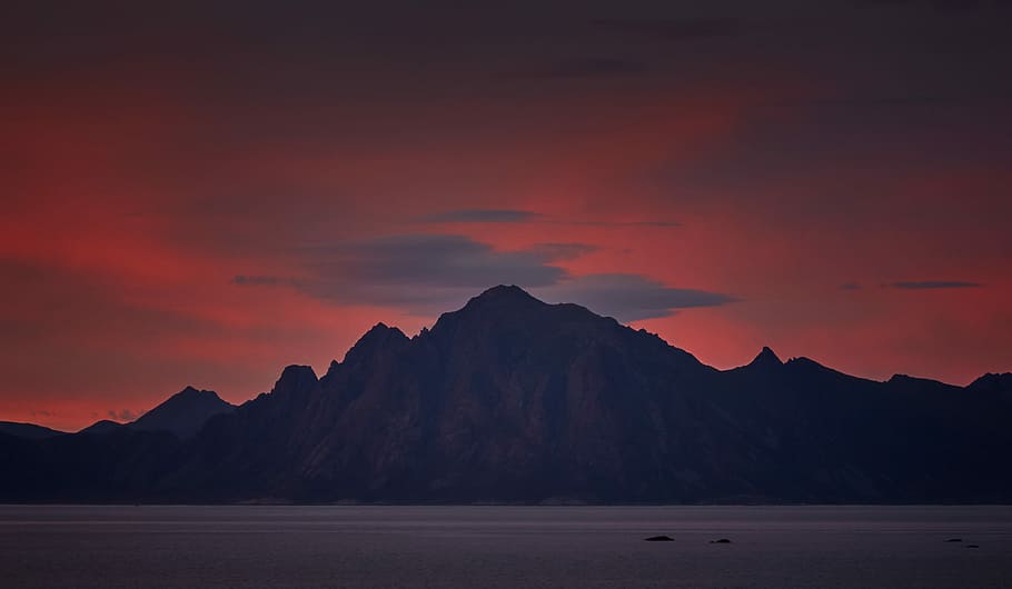 photo of mountain, mountain under red sky, cloud, orange, silhouette, HD wallpaper