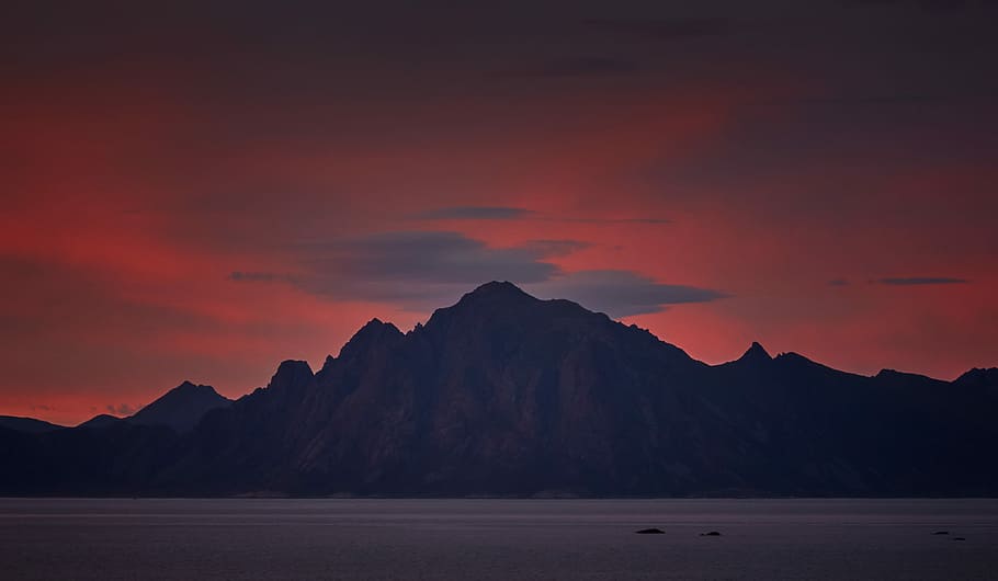 photo of mountain, mountain under red sky, cloud, orange, silhouette HD wallpaper