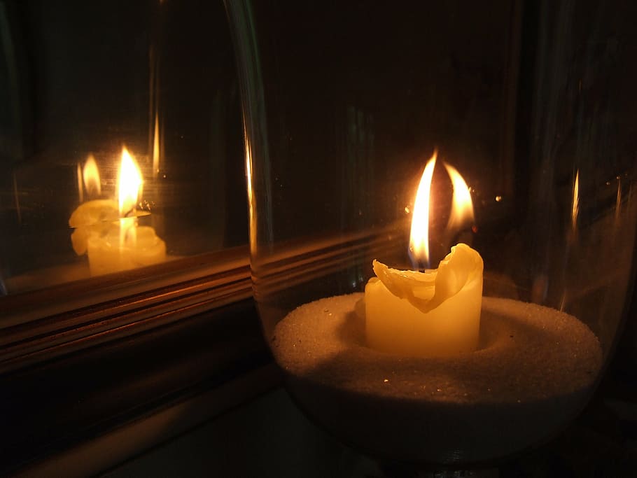 candle, reflection, mirror, evening, night, burning, flame