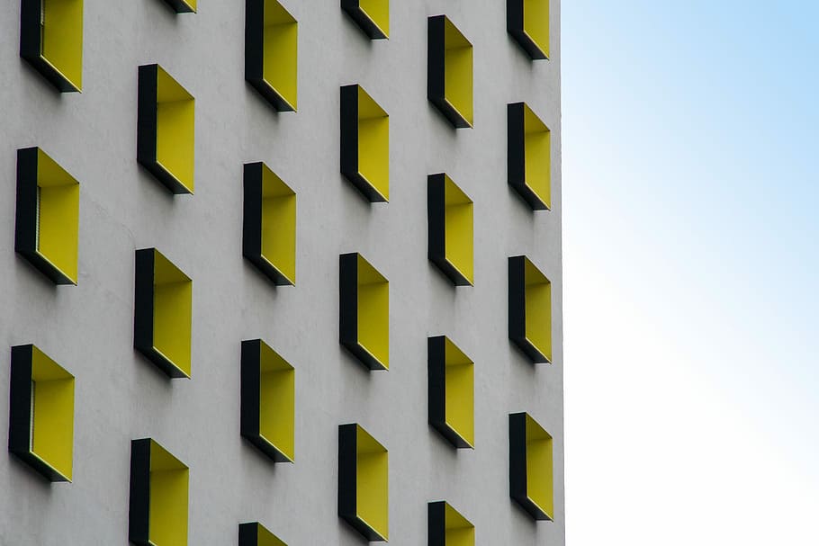 Abstract Windows, yellow and gray concrete building, architecture HD wallpaper