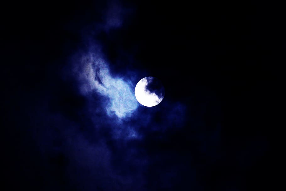 moon over the horizon, sky, night, supermoon, nature, blue HD wallpaper